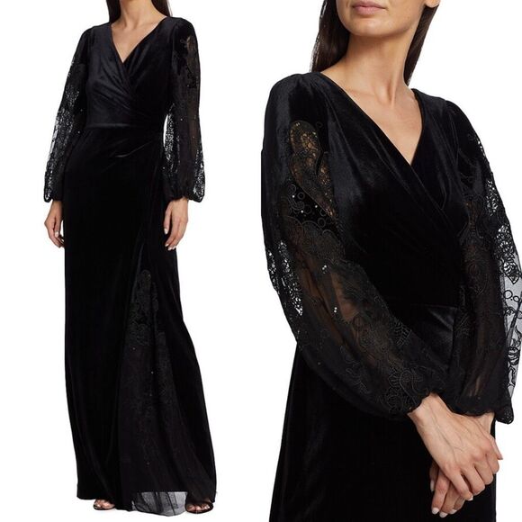 NWT Teri Jon by Rickie Freeman Lace & Velvet Wrap-Effect Gown Size 8 $980